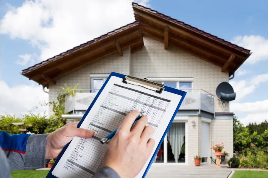 Person with clipboard in front of house